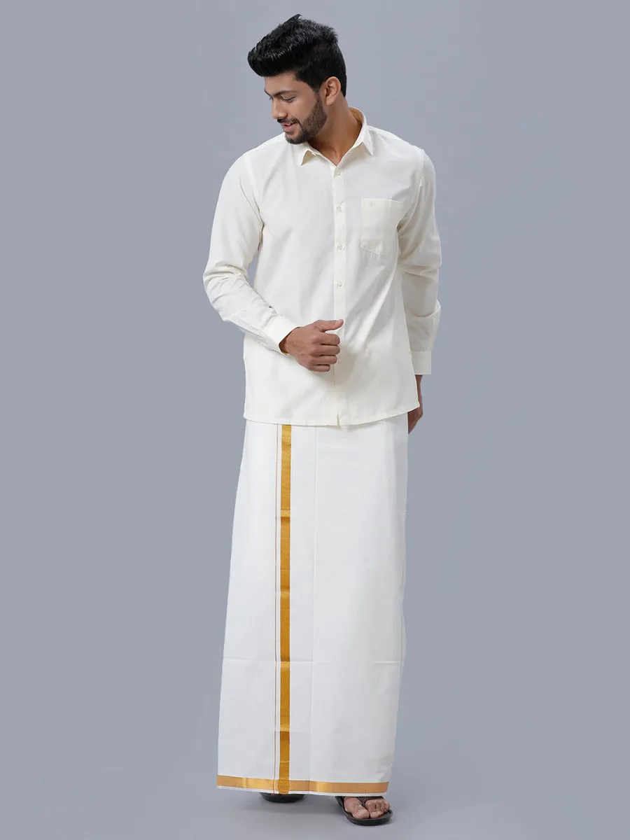 Men Cream Cotton Full Sleeves Shirt with Gold Jari 3/4" inch Double Dhoti Combo