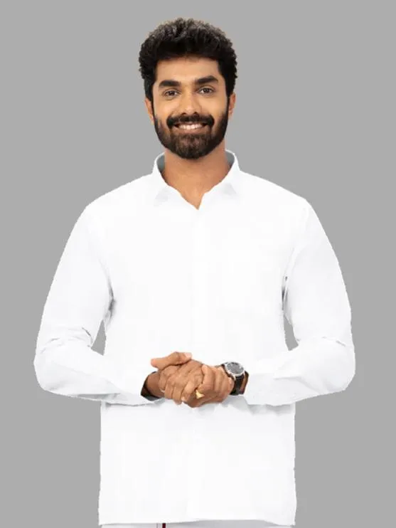 Men Formal White Full Sleeves Shirt with Small Border Dhoti Combo