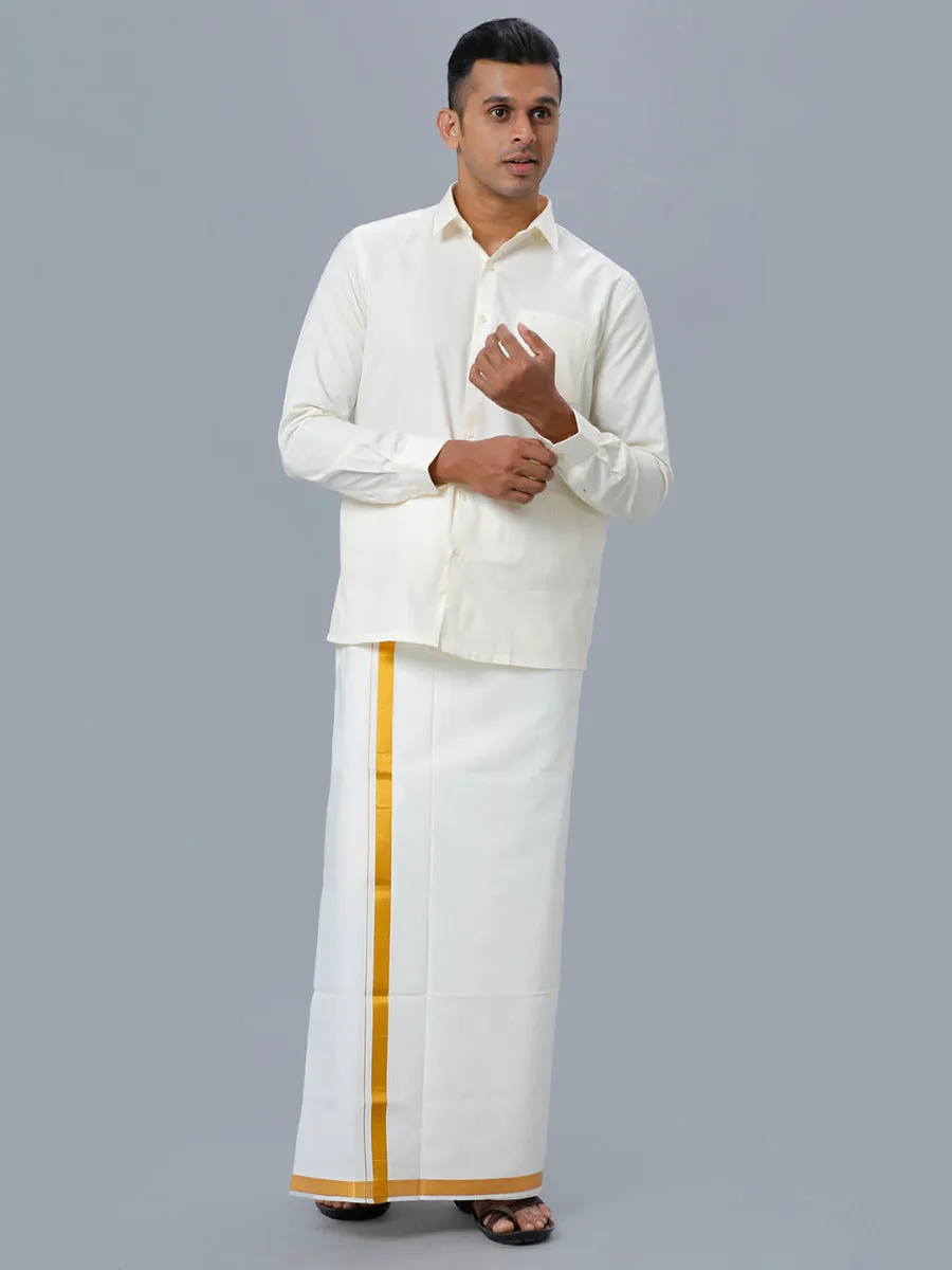 Men Gold Jari 1" inch Single Dhoti with Full Sleeves Cream Shirt Combo