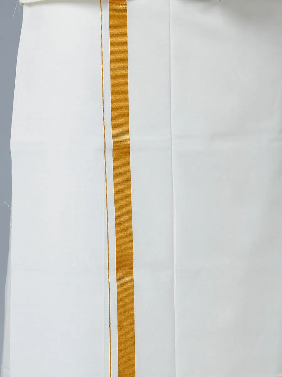 Men Gold Jari 1" inch Single Dhoti with Full Sleeves Cream Shirt Combo