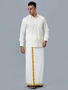 Men Gold Jari 1" inch Single Dhoti with Full Sleeves Cream Shirt Combo