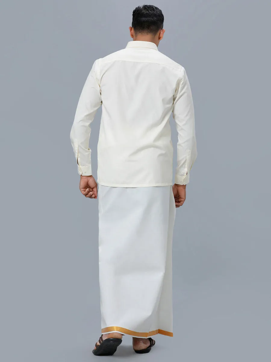 Men Gold Jari 1" inch Single Dhoti with Full Sleeves Cream Shirt Combo