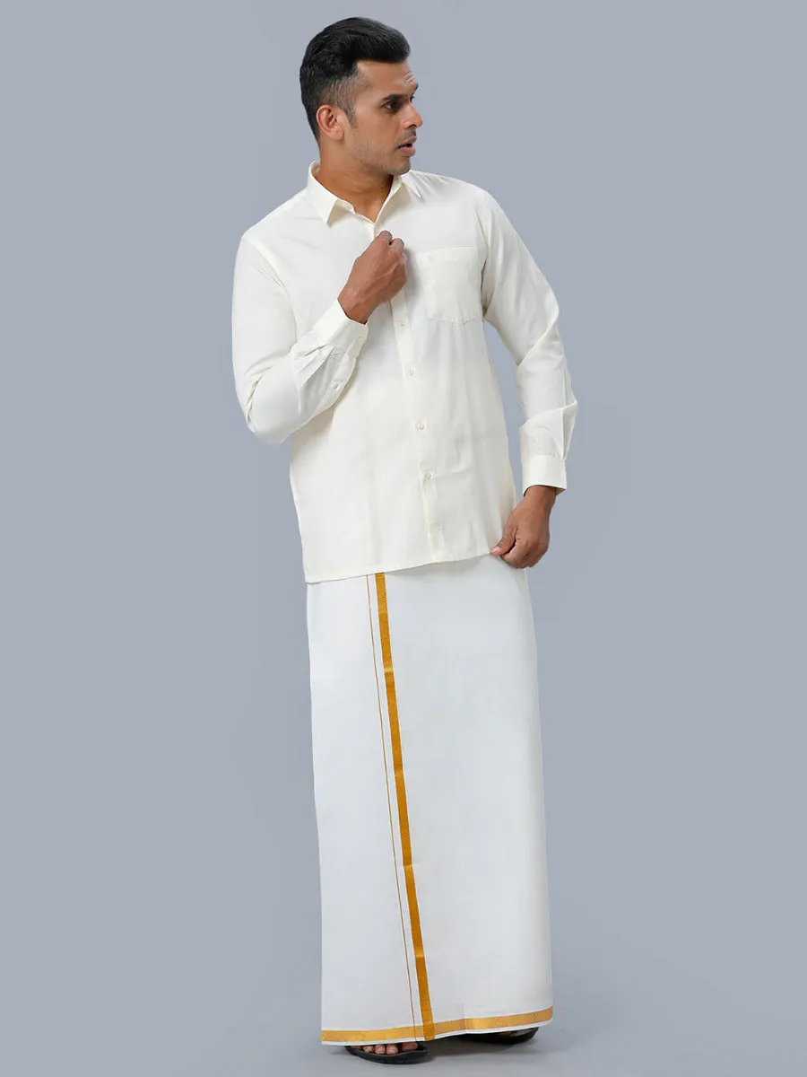 Men Gold Jari 3/4" inch Double Dhoti with Full Sleeves Cream Shirt Combo