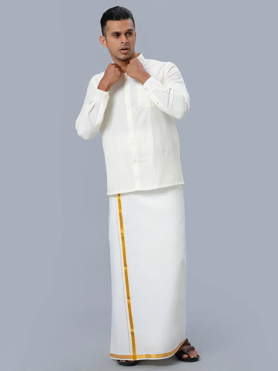 Men Gold Jari 3/4" inch Double Dhoti with Full Sleeves Cream Shirt Combo