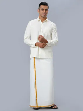 Men Gold Jari 3/4" inch Double Dhoti with Full Sleeves Cream Shirt Combo