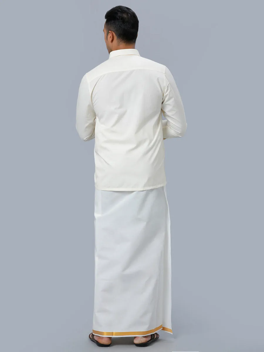 Men Gold Jari 3/4" inch Double Dhoti with Full Sleeves Cream Shirt Combo