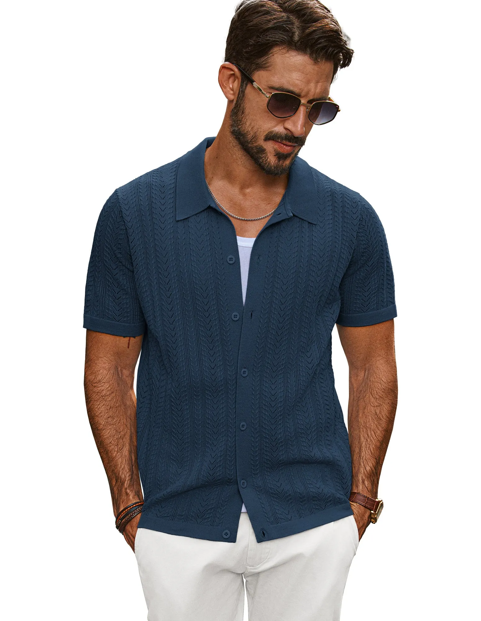 Men Textured Knitted Cardigan Short Sleeve Lapel Collar Button-up Sweater