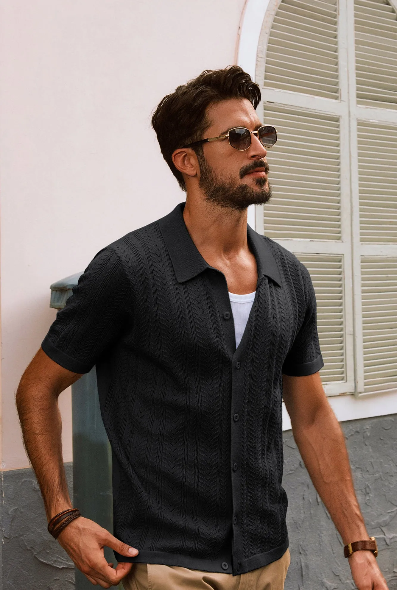 Men Textured Knitted Cardigan Short Sleeve Lapel Collar Button-up Sweater