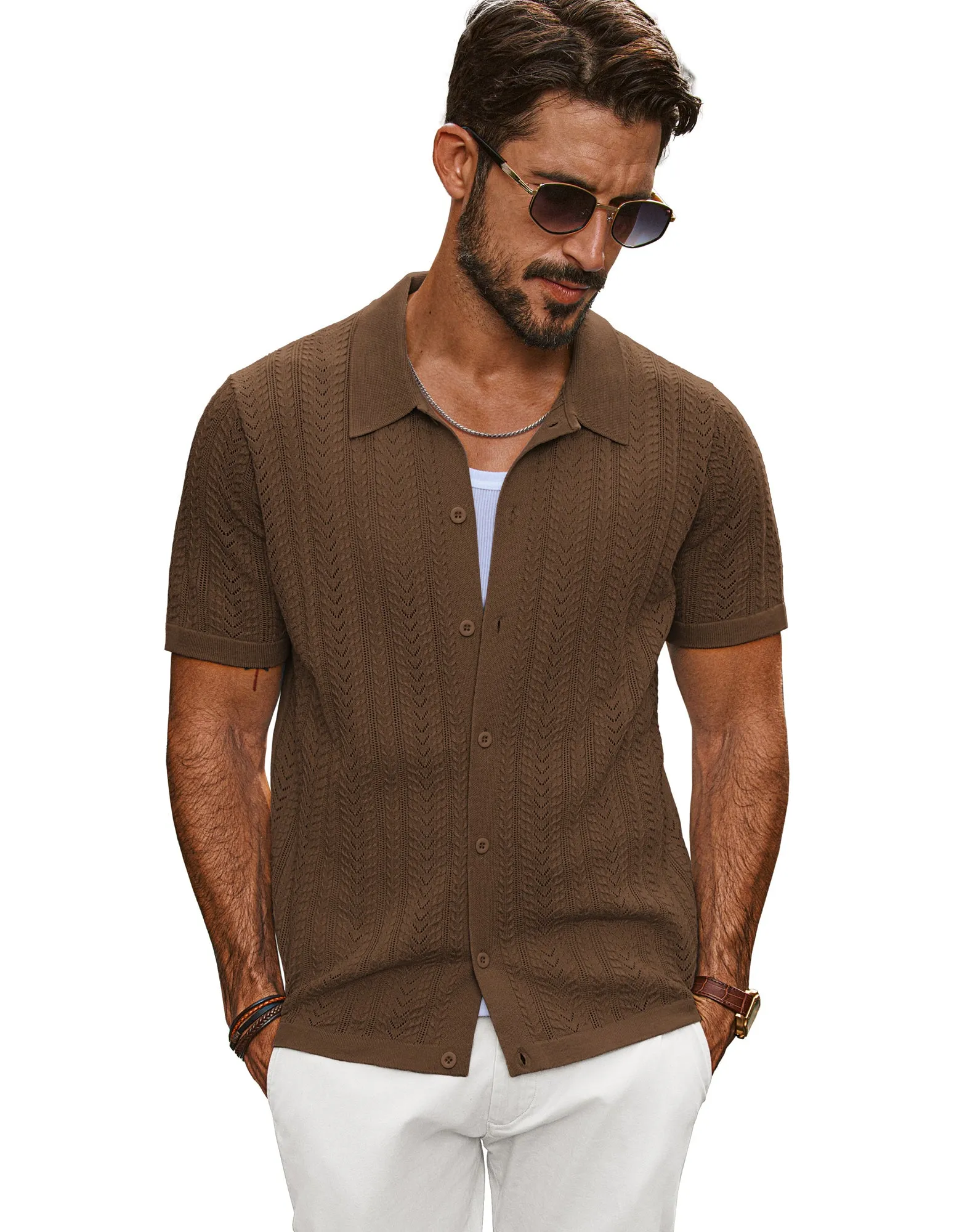 Men Textured Knitted Cardigan Short Sleeve Lapel Collar Button-up Sweater