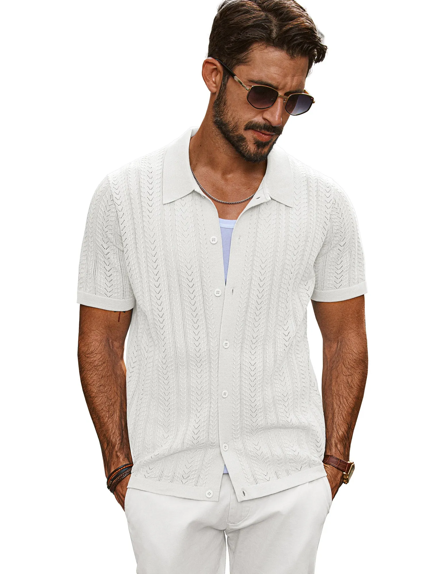 Men Textured Knitted Cardigan Short Sleeve Lapel Collar Button-up Sweater