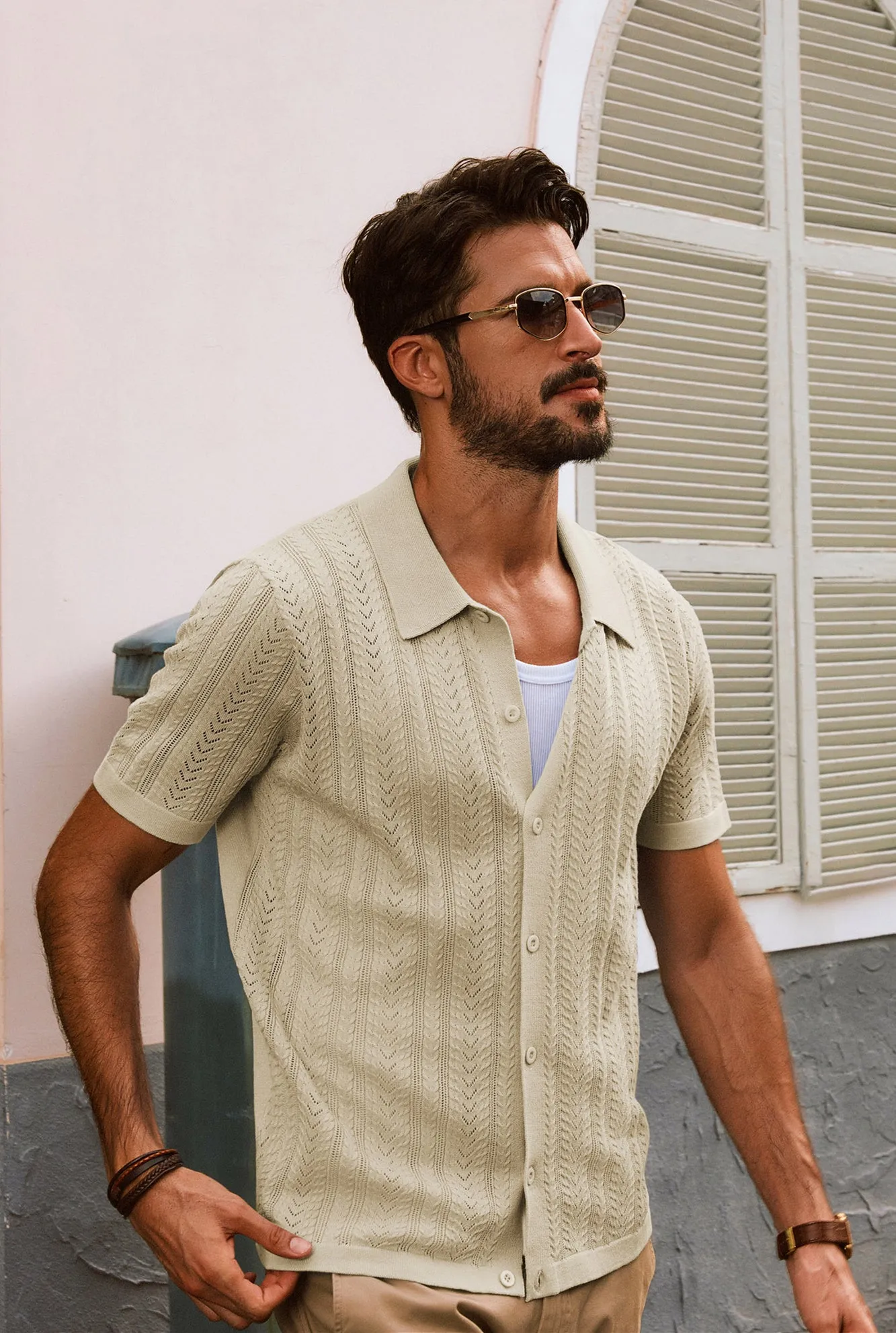 Men Textured Knitted Cardigan Short Sleeve Lapel Collar Button-up Sweater