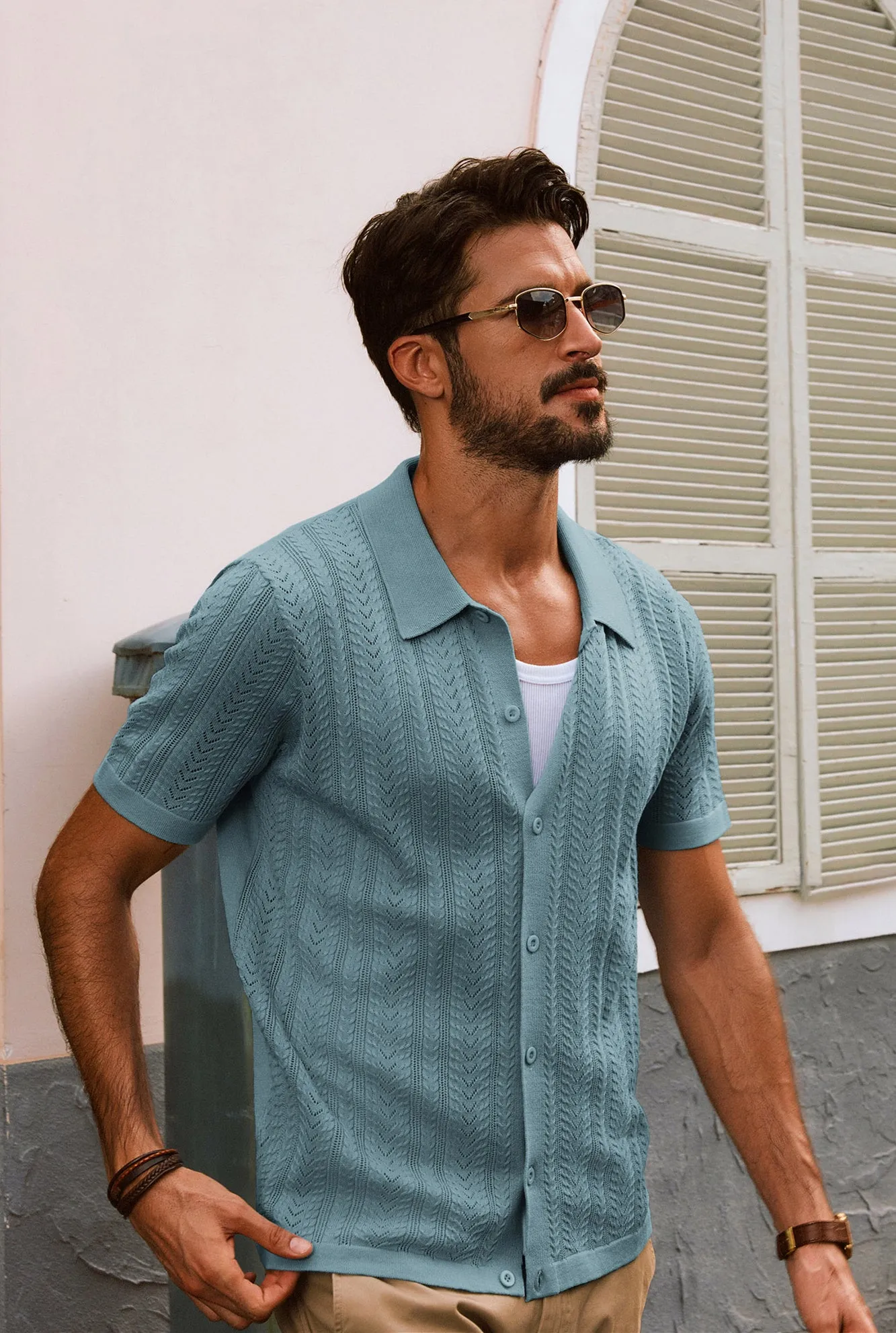 Men Textured Knitted Cardigan Short Sleeve Lapel Collar Button-up Sweater