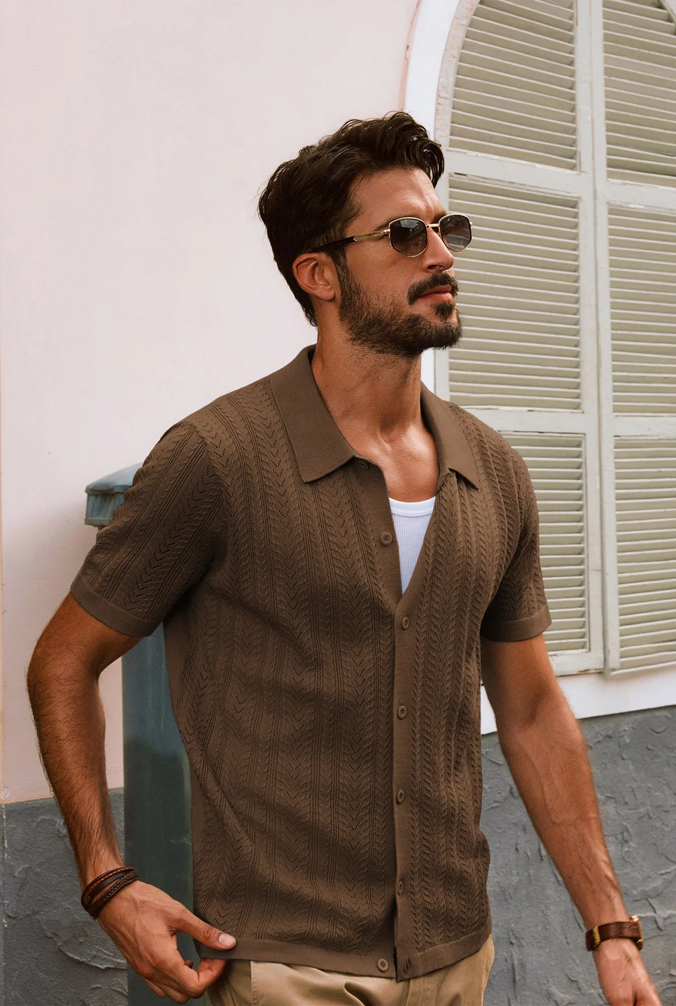 Men Textured Knitted Cardigan Short Sleeve Lapel Collar Button-up Sweater