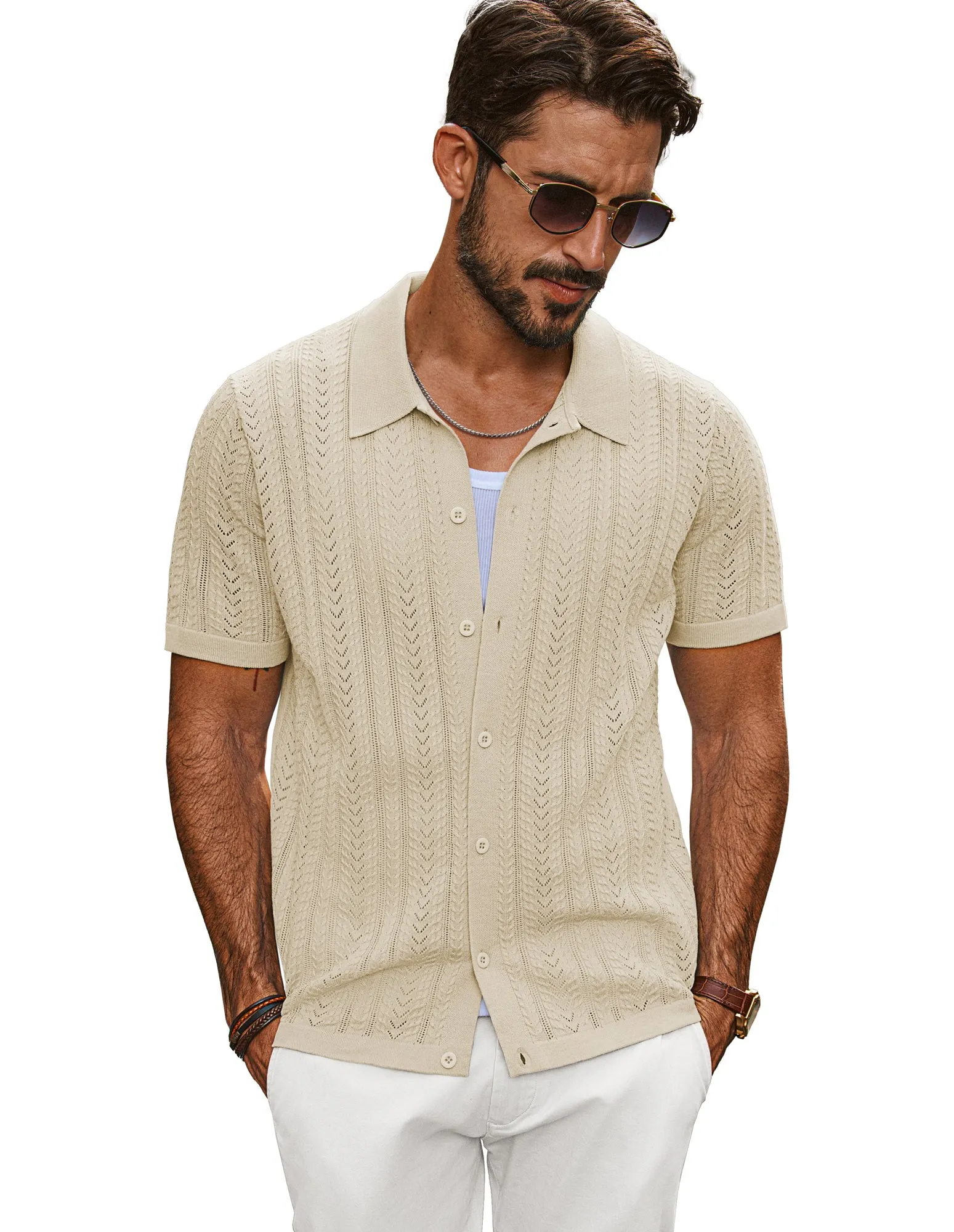 Men Textured Knitted Cardigan Short Sleeve Lapel Collar Button-up Sweater