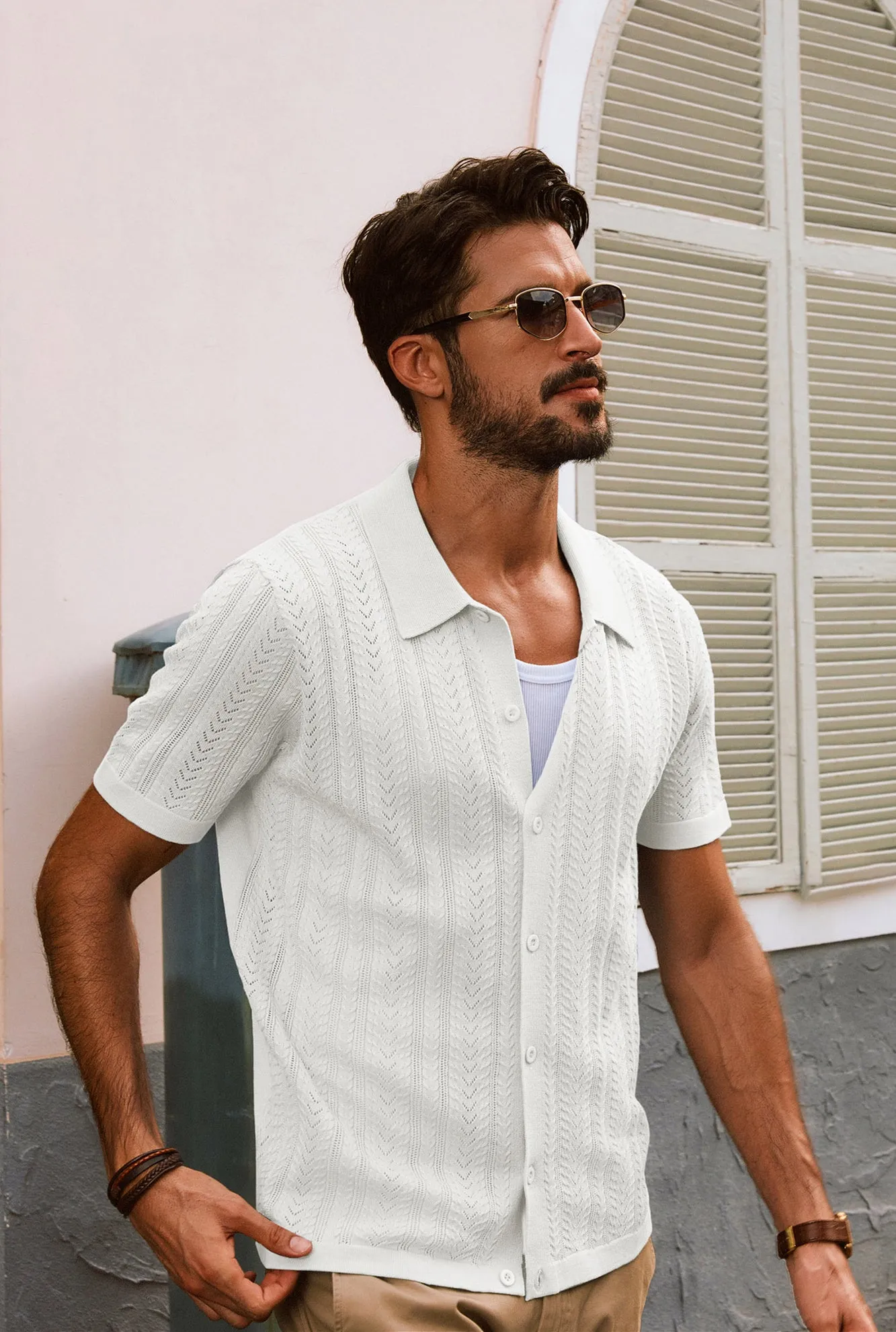 Men Textured Knitted Cardigan Short Sleeve Lapel Collar Button-up Sweater