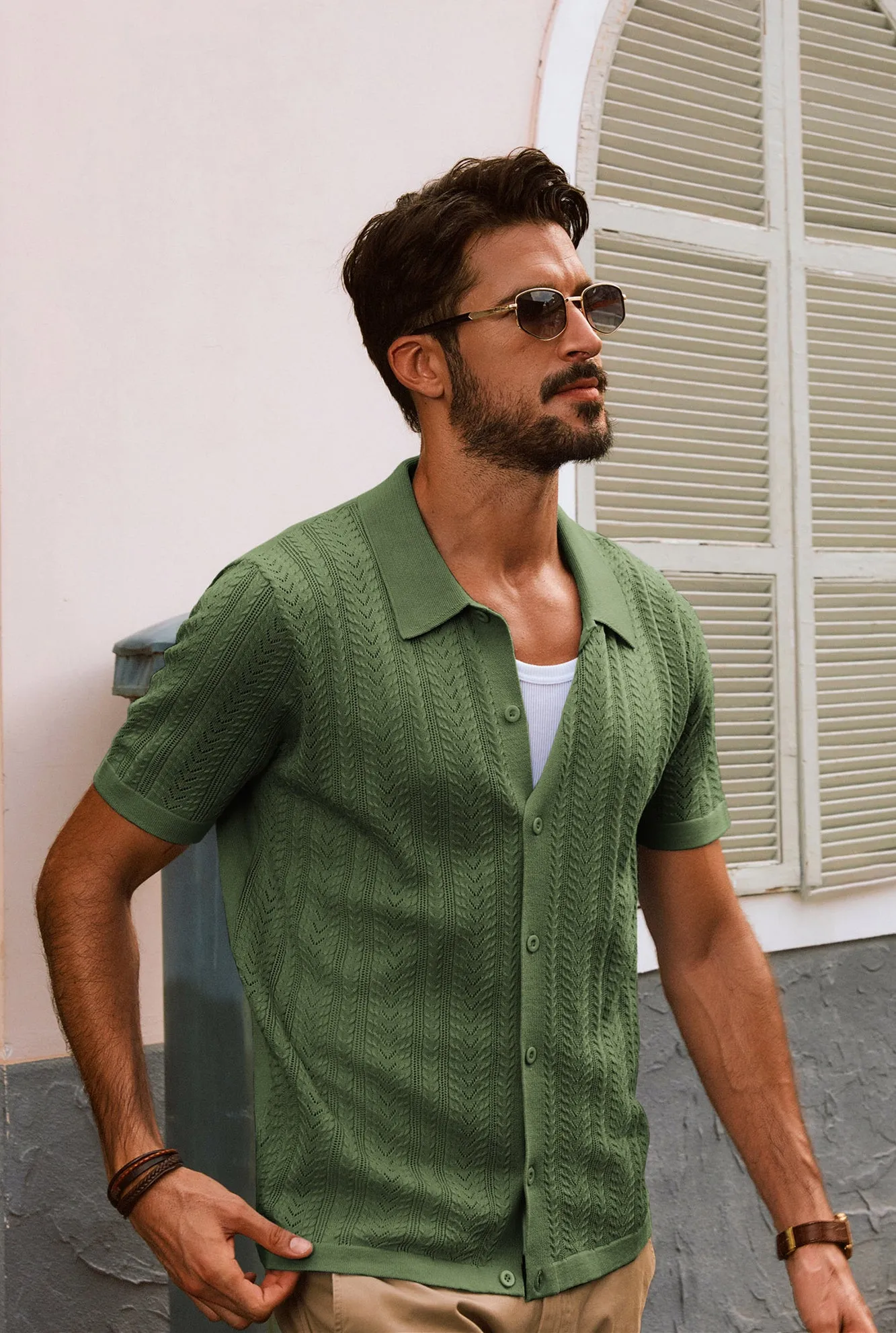 Men Textured Knitted Cardigan Short Sleeve Lapel Collar Button-up Sweater