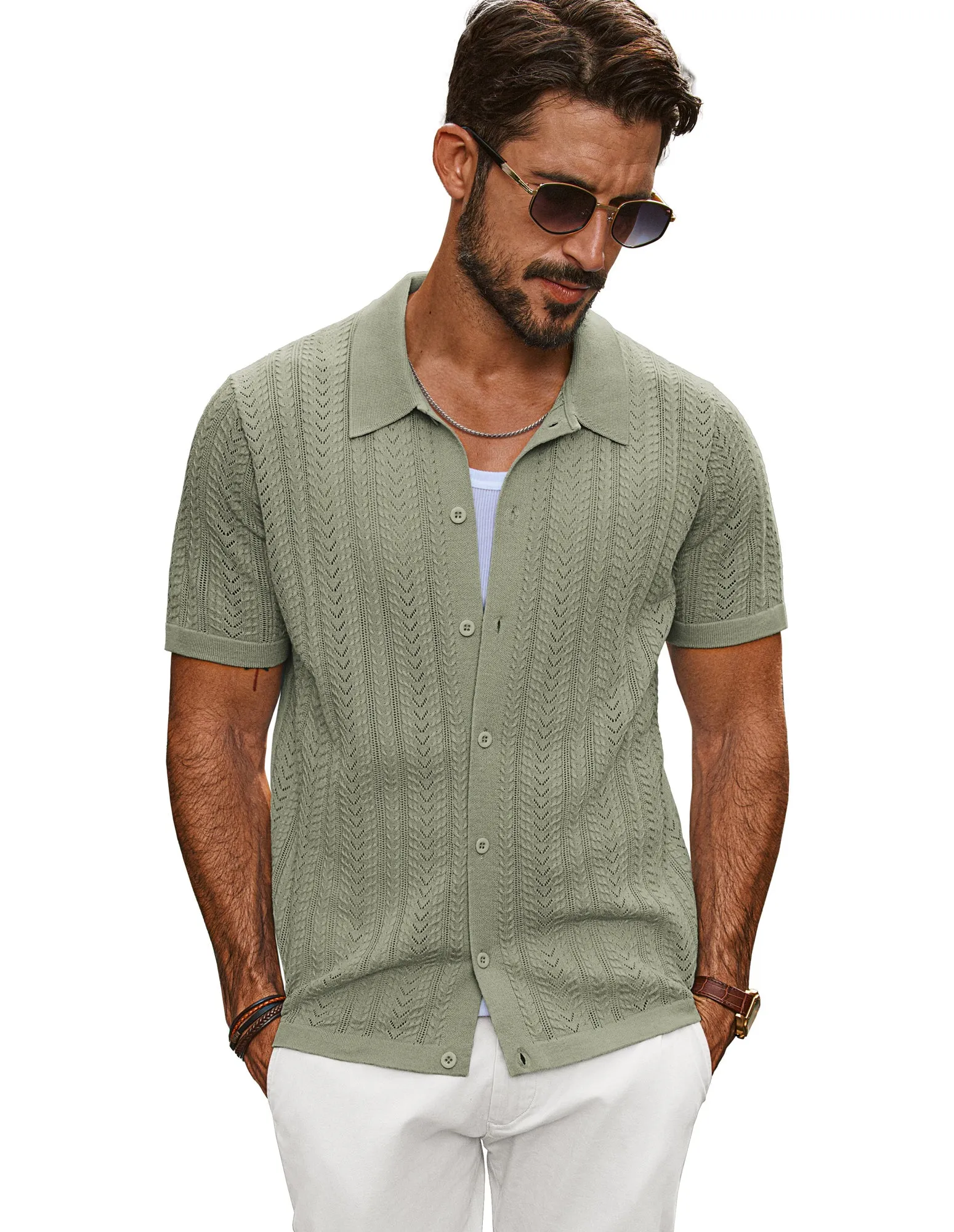 Men Textured Knitted Cardigan Short Sleeve Lapel Collar Button-up Sweater