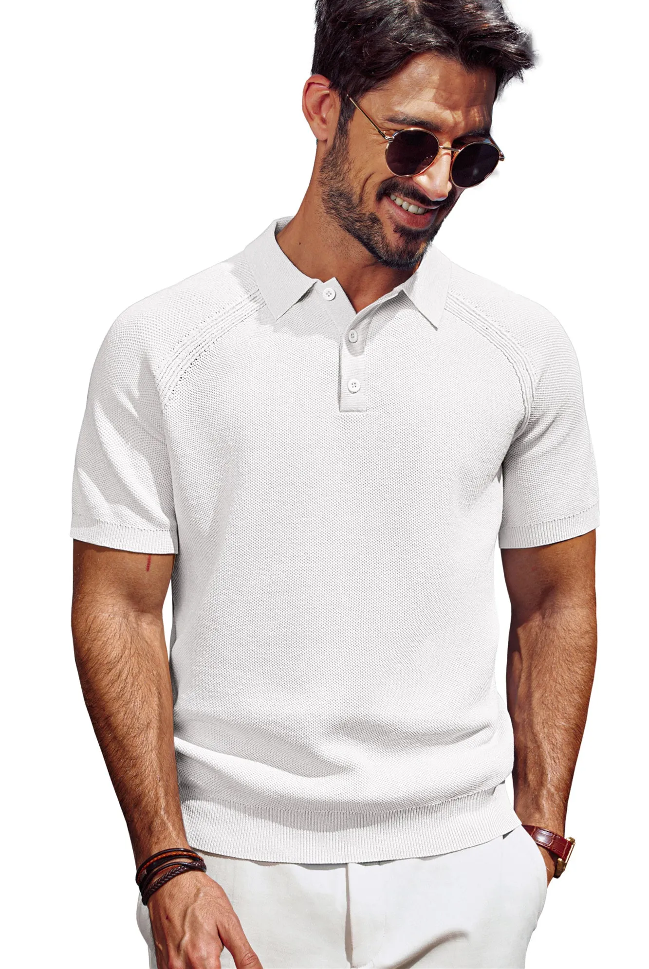 Men Textured Knitted Polo-Shirt Short Sleeve Lapel Collar Button-up Neck Tops