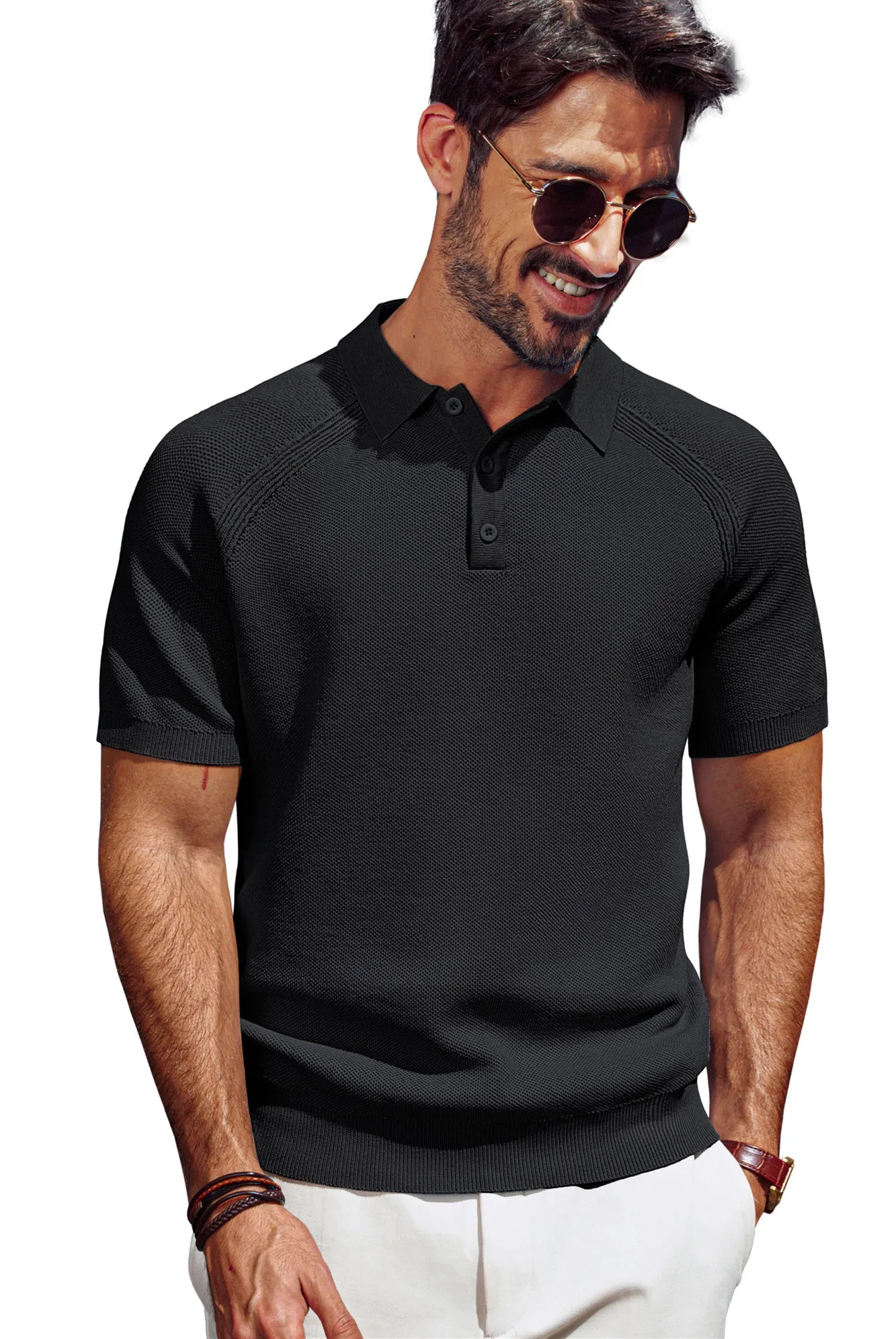 Men Textured Knitted Polo-Shirt Short Sleeve Lapel Collar Button-up Neck Tops