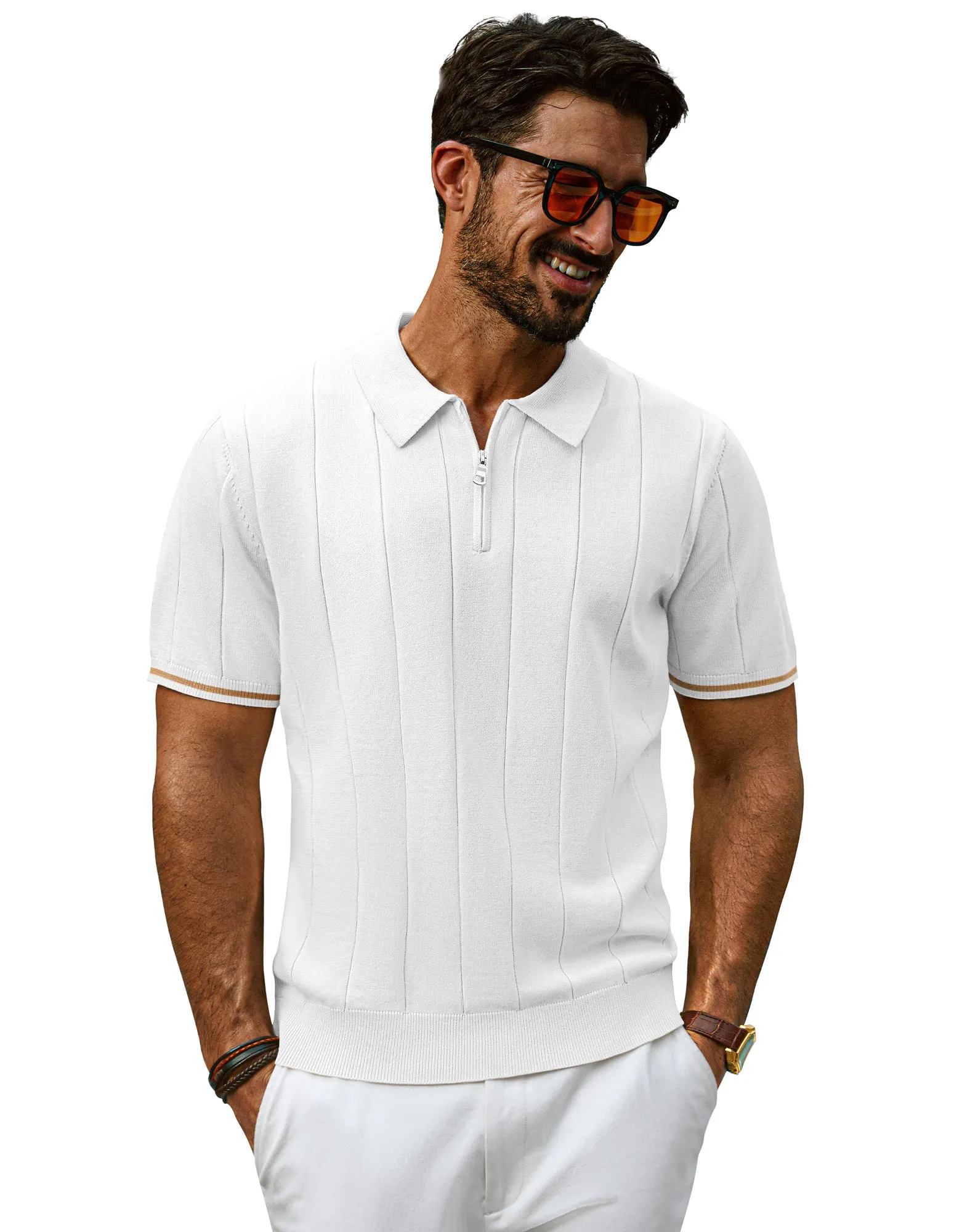 Men Textured Knitwear Short Sleeve Lapel Collar Zip-up Neck Knitted Tops