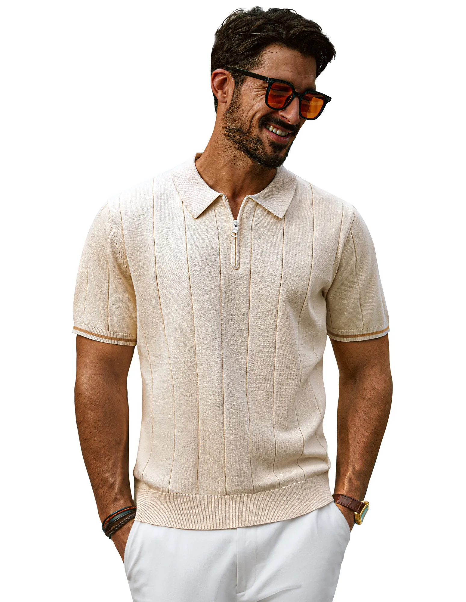 Men Textured Knitwear Short Sleeve Lapel Collar Zip-up Neck Knitted Tops