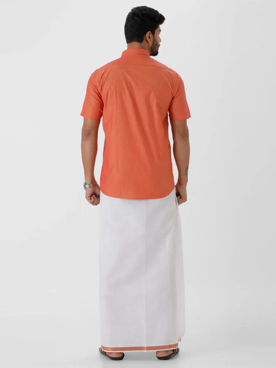 Mens Cotton Copper Colour Half Sleeves Shirt & Double Dhoti with Copper Jari Combo