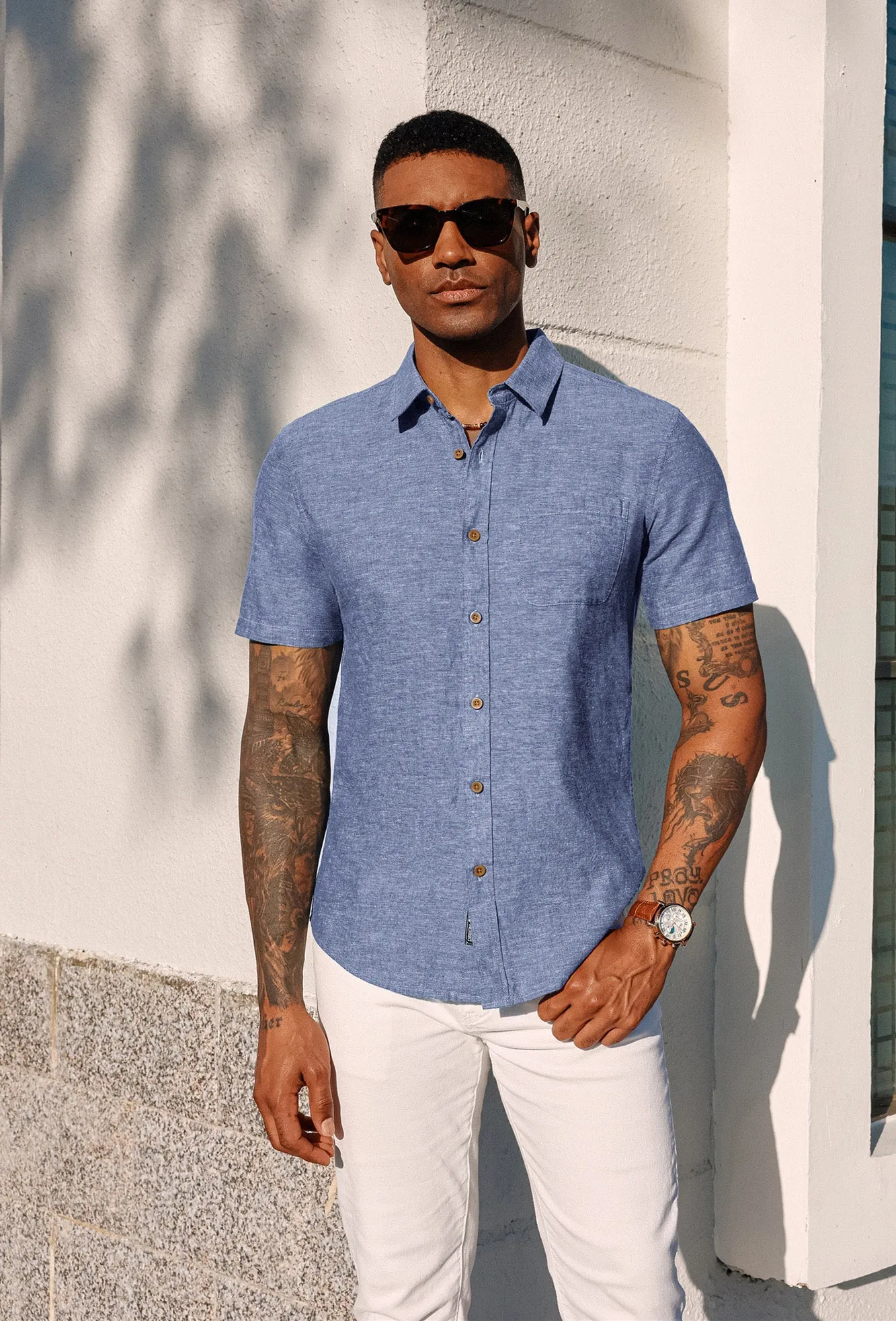 Men's Linen Shirts Short Sleeve Casual Button Down Cardigan Shirts Summer Beach Shirts