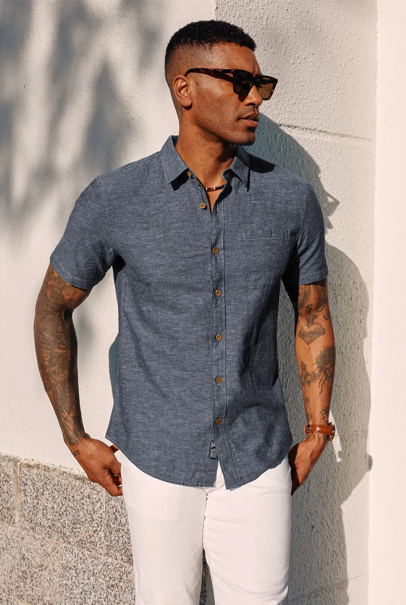 Men's Linen Shirts Short Sleeve Casual Button Down Cardigan Shirts Summer Beach Shirts