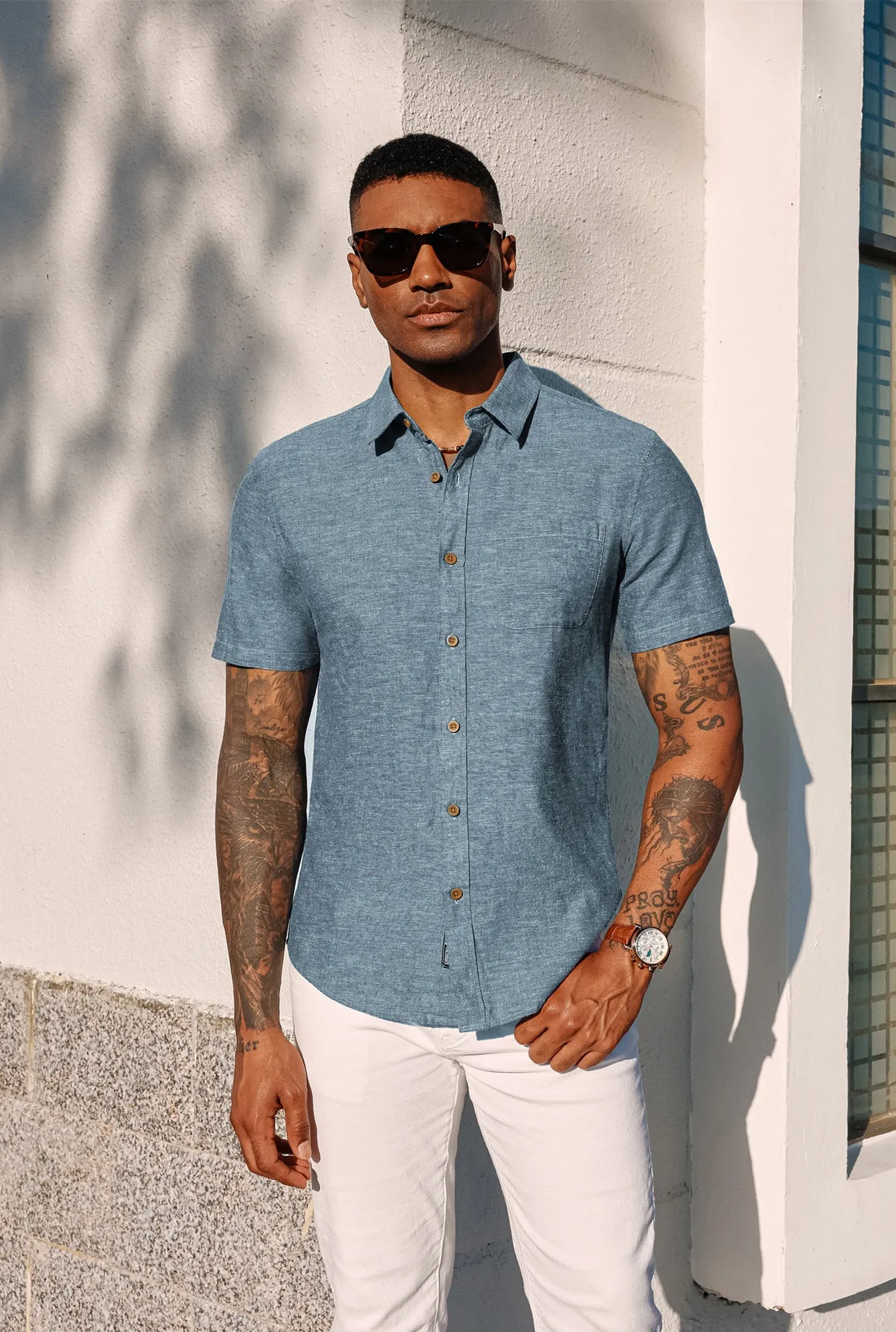 Men's Linen Shirts Short Sleeve Casual Button Down Cardigan Shirts Summer Beach Shirts