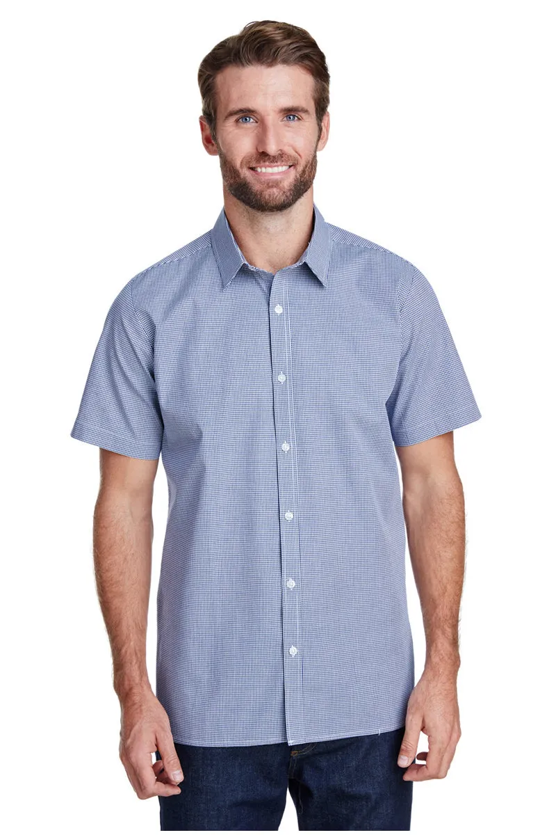 Men's Microcheck Short Sleeve Cotton Shirt (Navy / White)