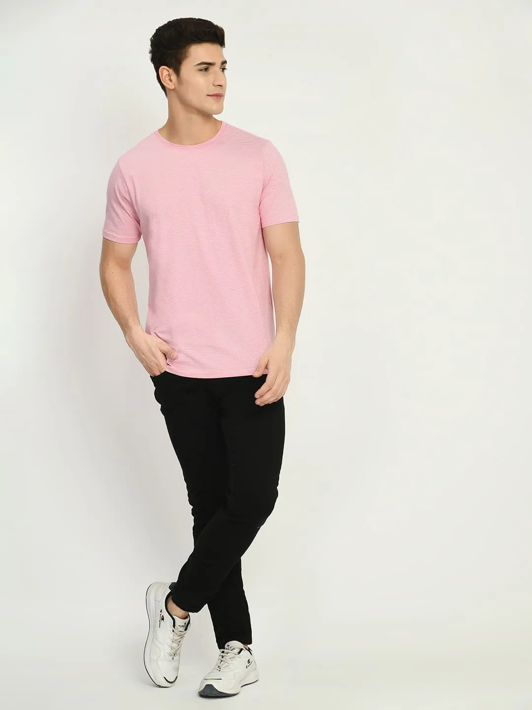 Men's Pink White Striped T-Shirt