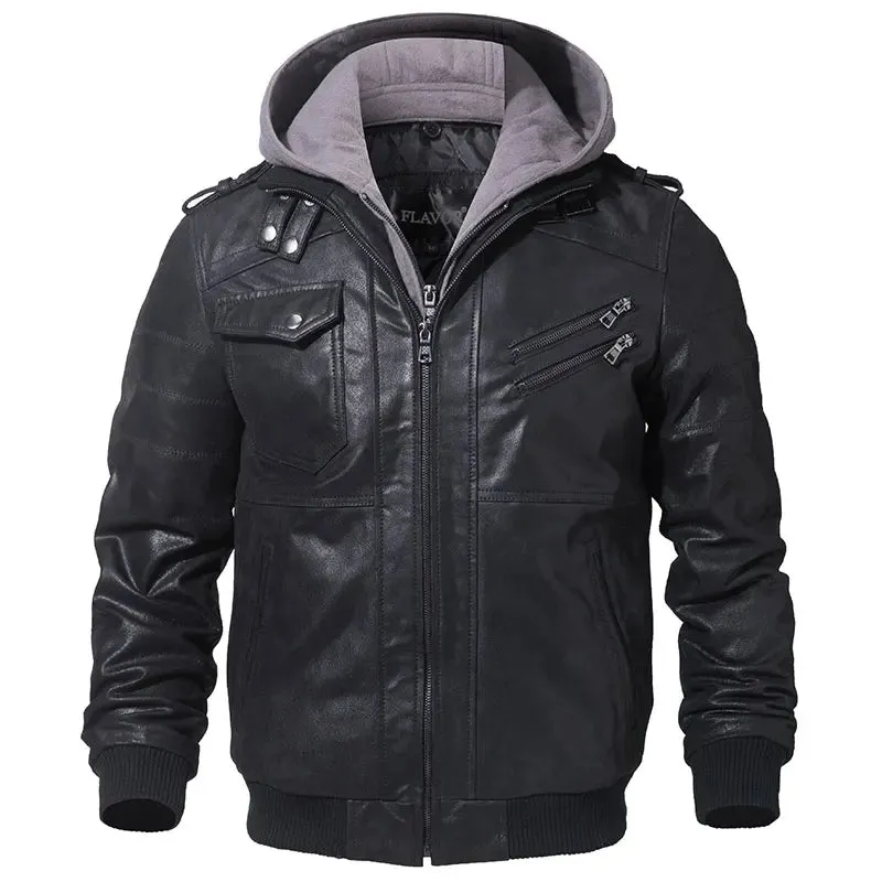 Men's Real Leather Jacket  Removable Hood  Warm Genuine Leather Jackets