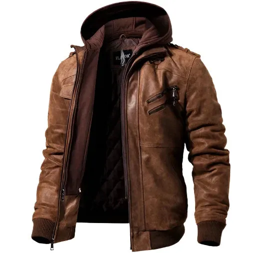 Men's Real Leather Jacket  Removable Hood  Warm Genuine Leather Jackets