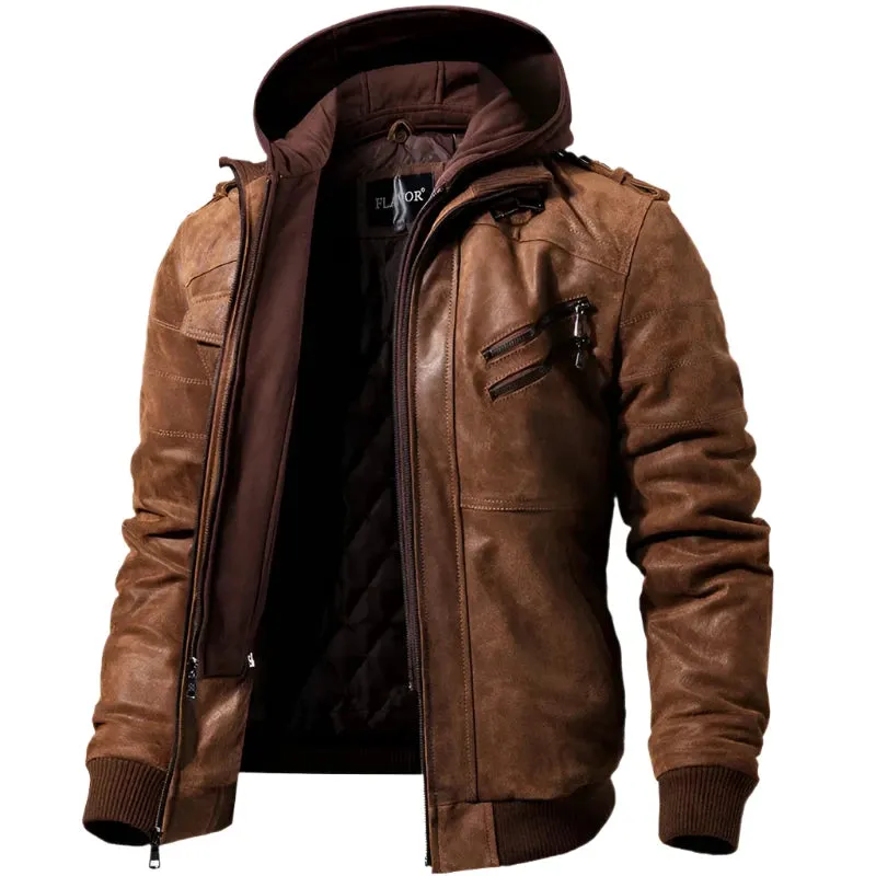 Men's Real Leather Jacket  Removable Hood  Warm Genuine Leather Jackets