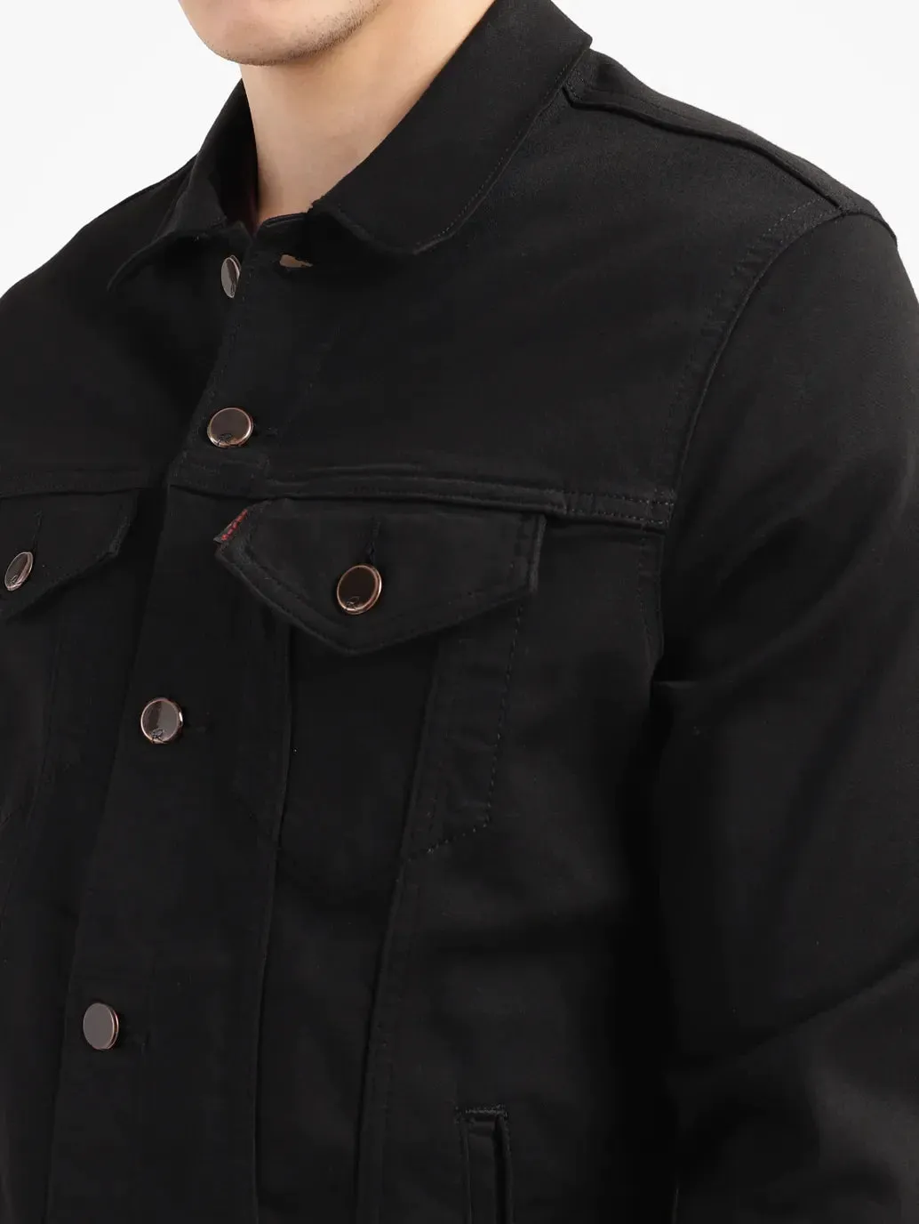 Men's Solid Black Spread Collar Trucker Jacket