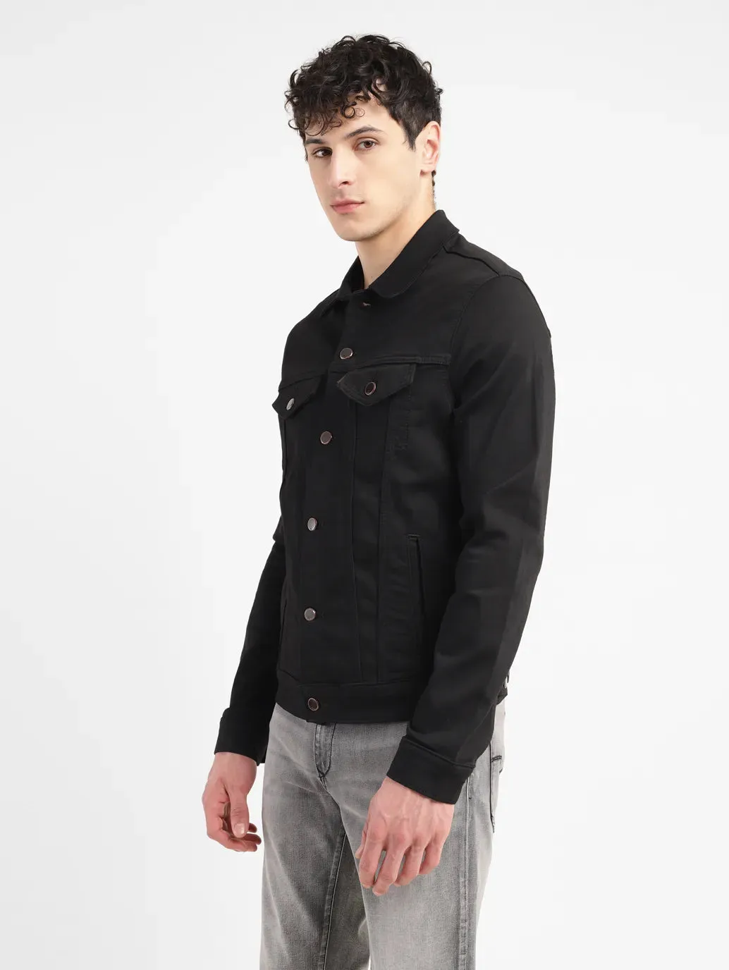 Men's Solid Black Spread Collar Trucker Jacket