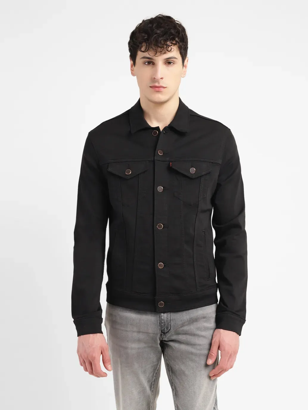 Men's Solid Black Spread Collar Trucker Jacket