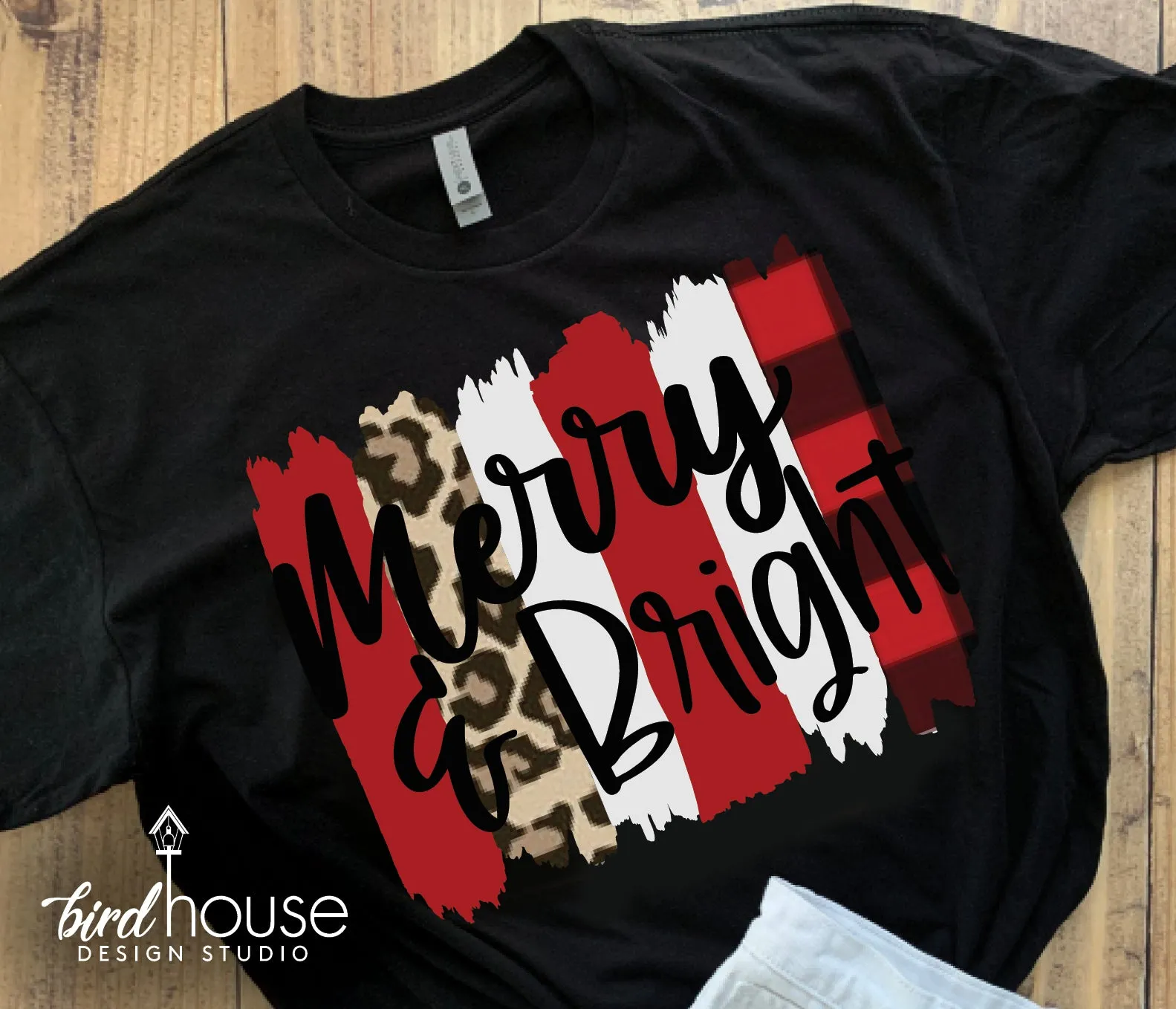 Merry & Bright Shirt, Cute Christmas Buffalo Plaid & Glitter Tee