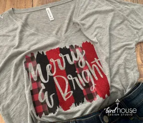 Merry & Bright Shirt, Cute Christmas Buffalo Plaid & Glitter Tee