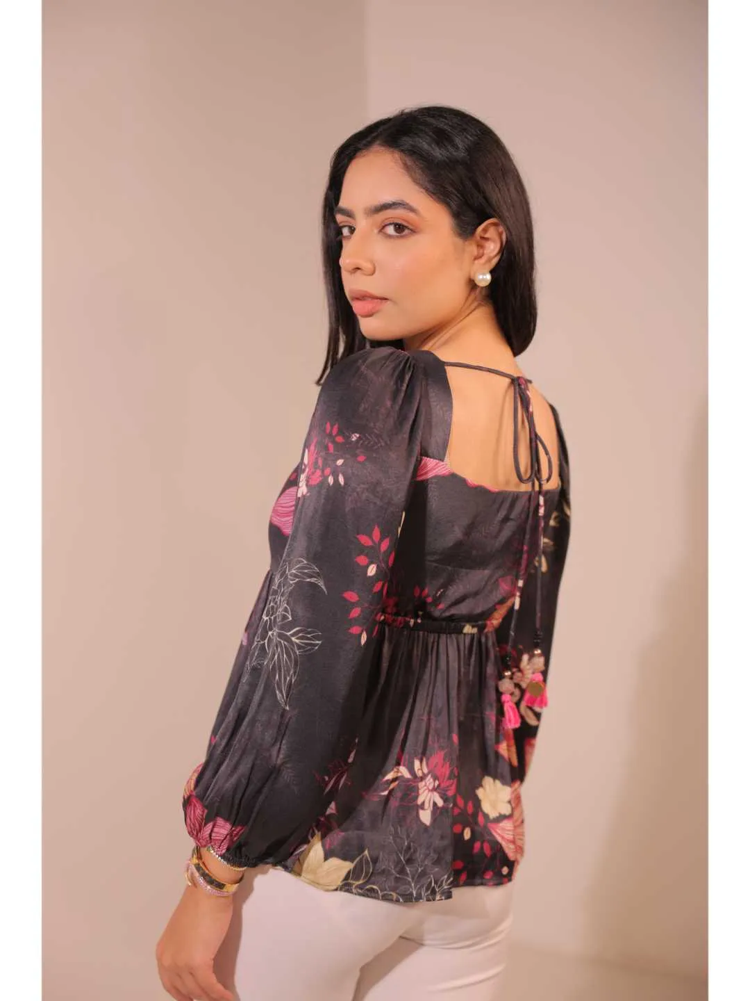 modish viscose royal satin floral printed sweet heart center gathered busted, full puff sleeve, back tie-up top. - Black