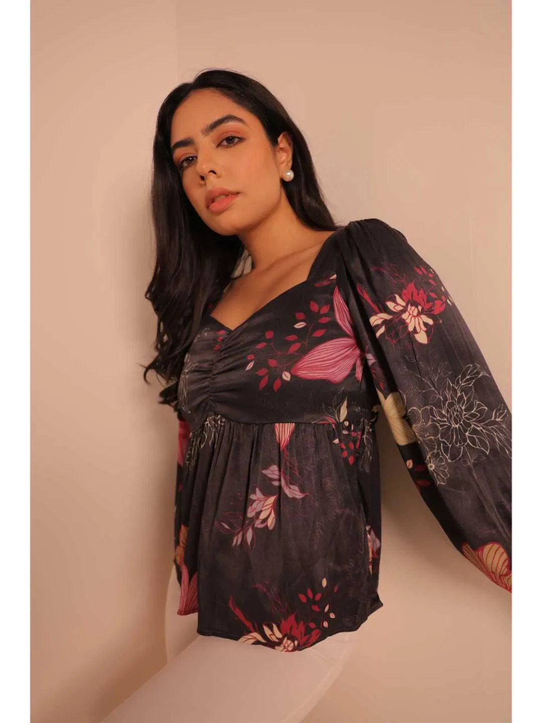 modish viscose royal satin floral printed sweet heart center gathered busted, full puff sleeve, back tie-up top. - Black