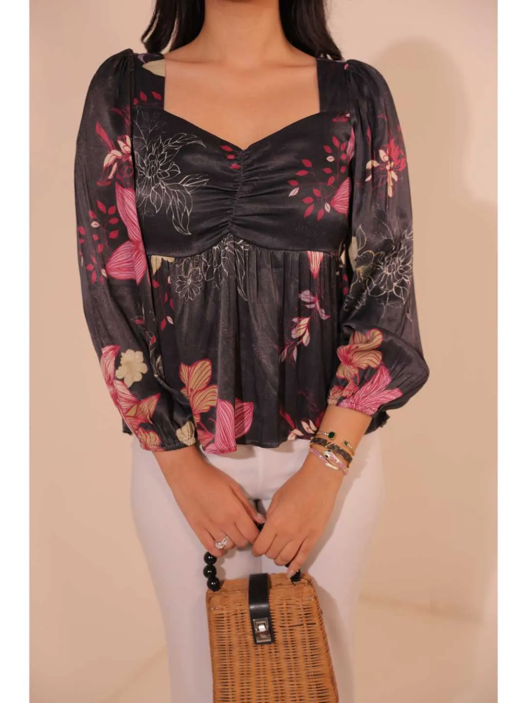 modish viscose royal satin floral printed sweet heart center gathered busted, full puff sleeve, back tie-up top. - Black