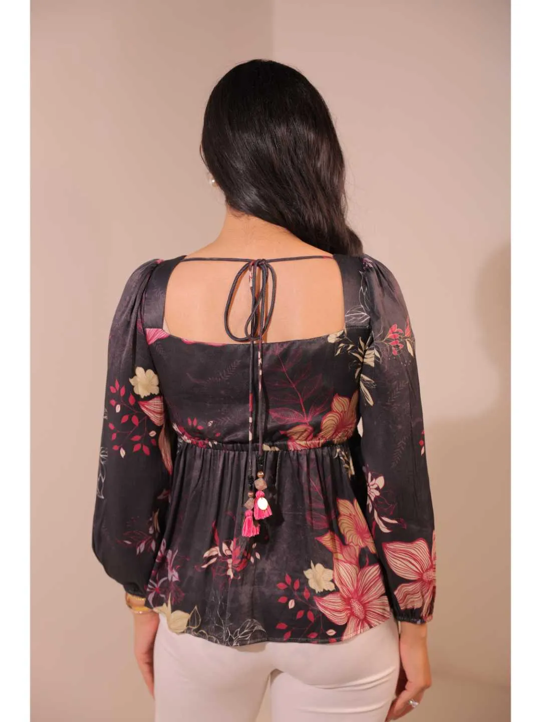 modish viscose royal satin floral printed sweet heart center gathered busted, full puff sleeve, back tie-up top. - Black