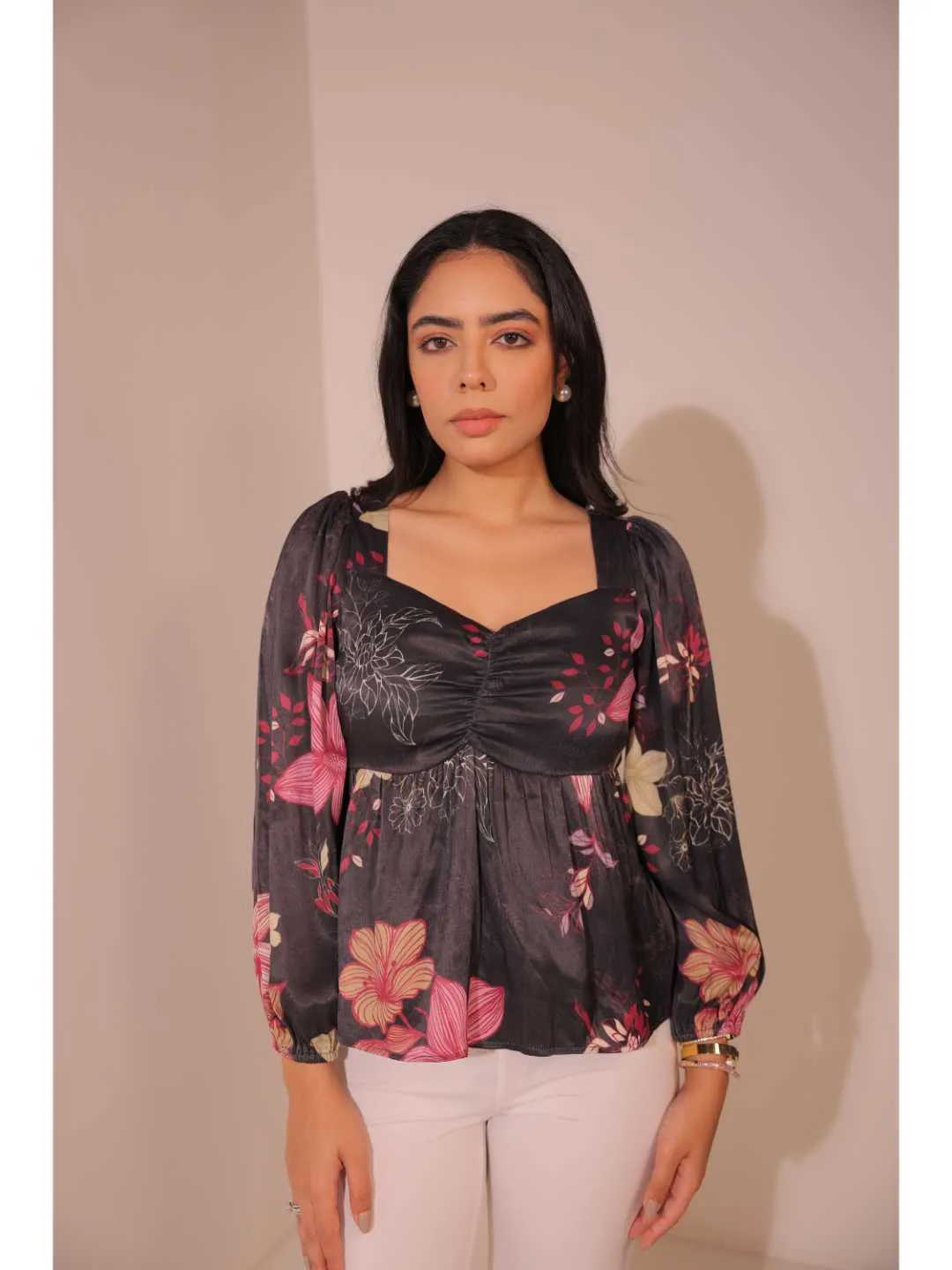 modish viscose royal satin floral printed sweet heart center gathered busted, full puff sleeve, back tie-up top. - Black