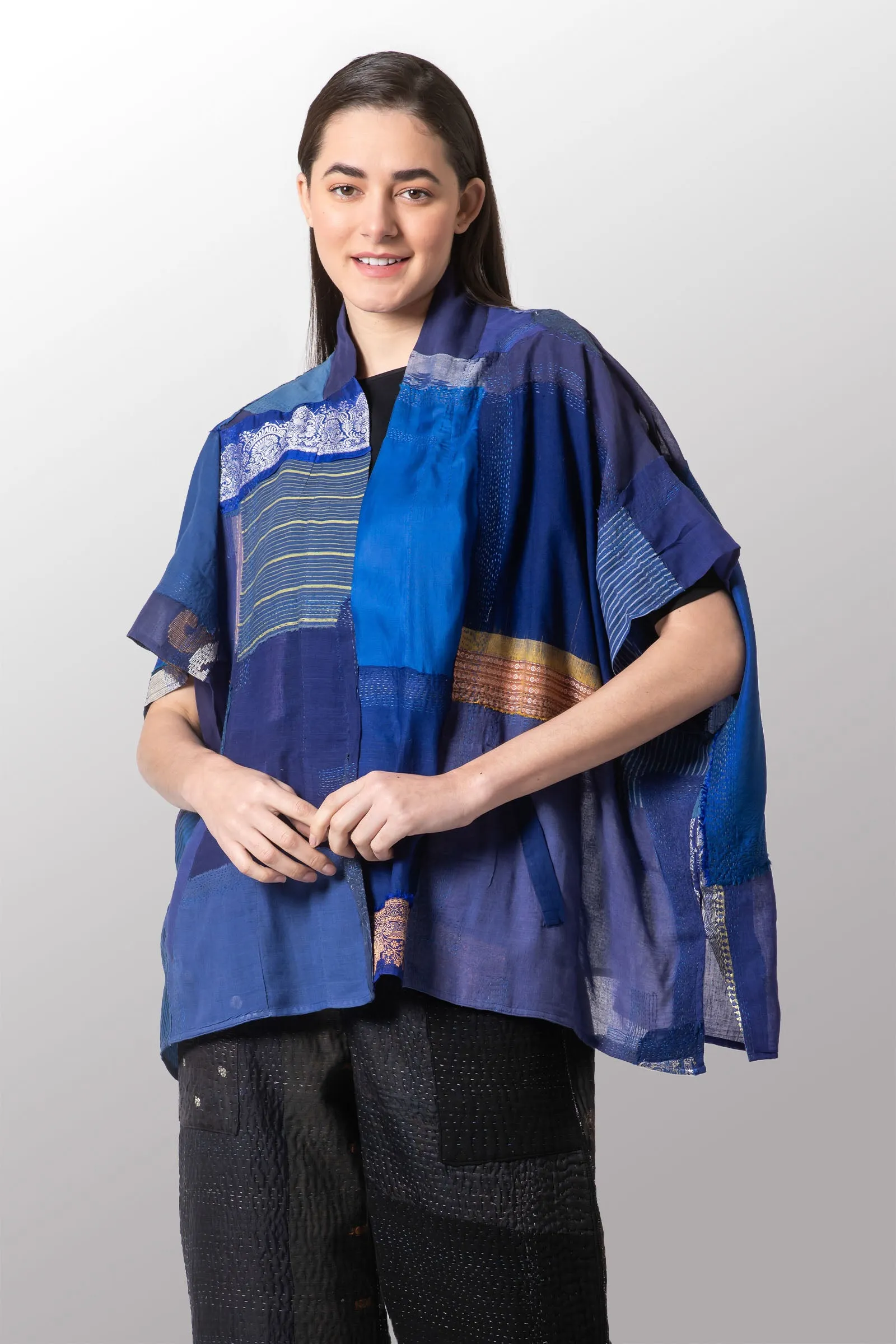 MOSAIC TILE PATCH KANTHA PONCHO TOP - mt1568-blu -