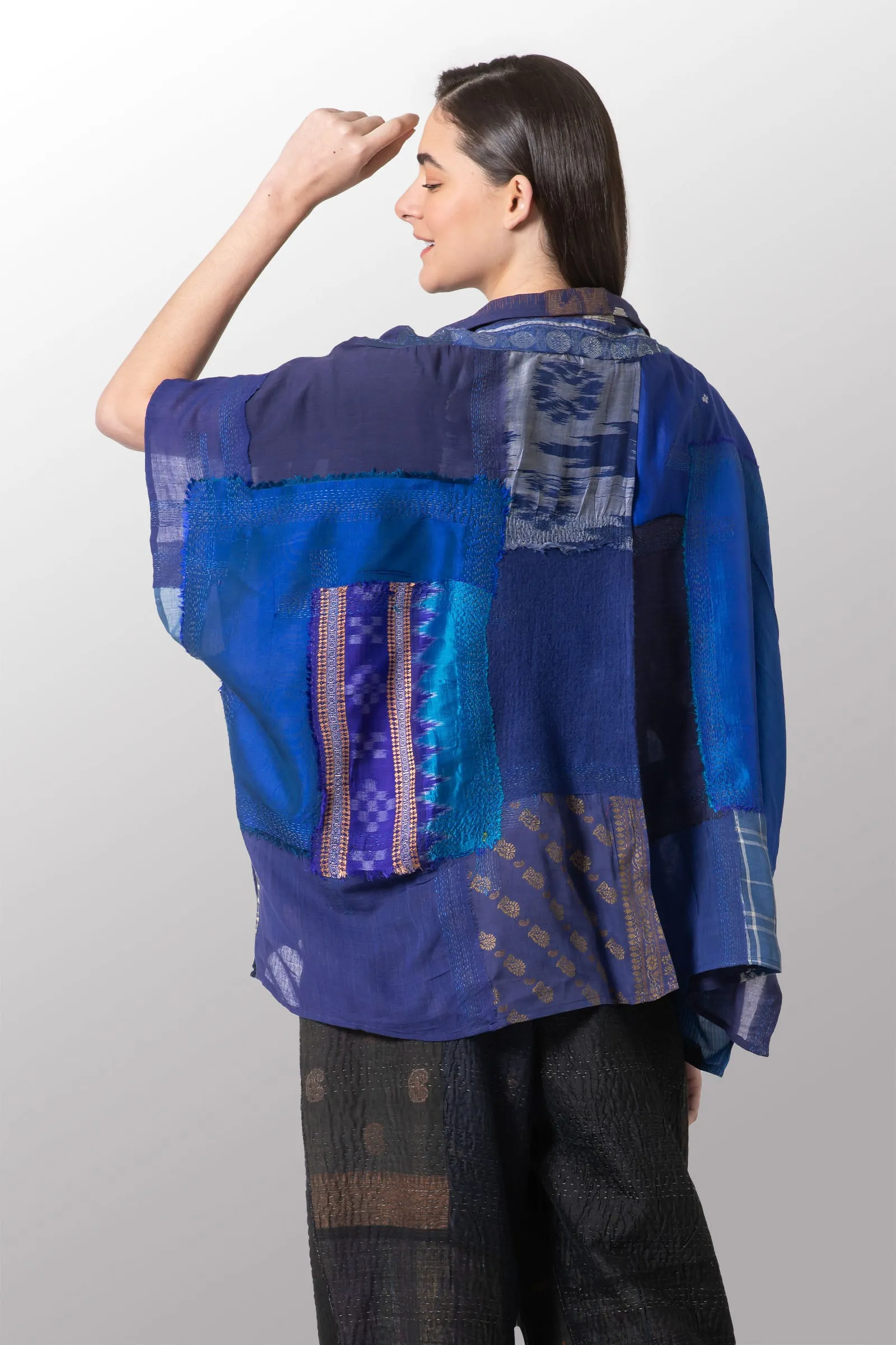 MOSAIC TILE PATCH KANTHA PONCHO TOP - mt1568-blu -