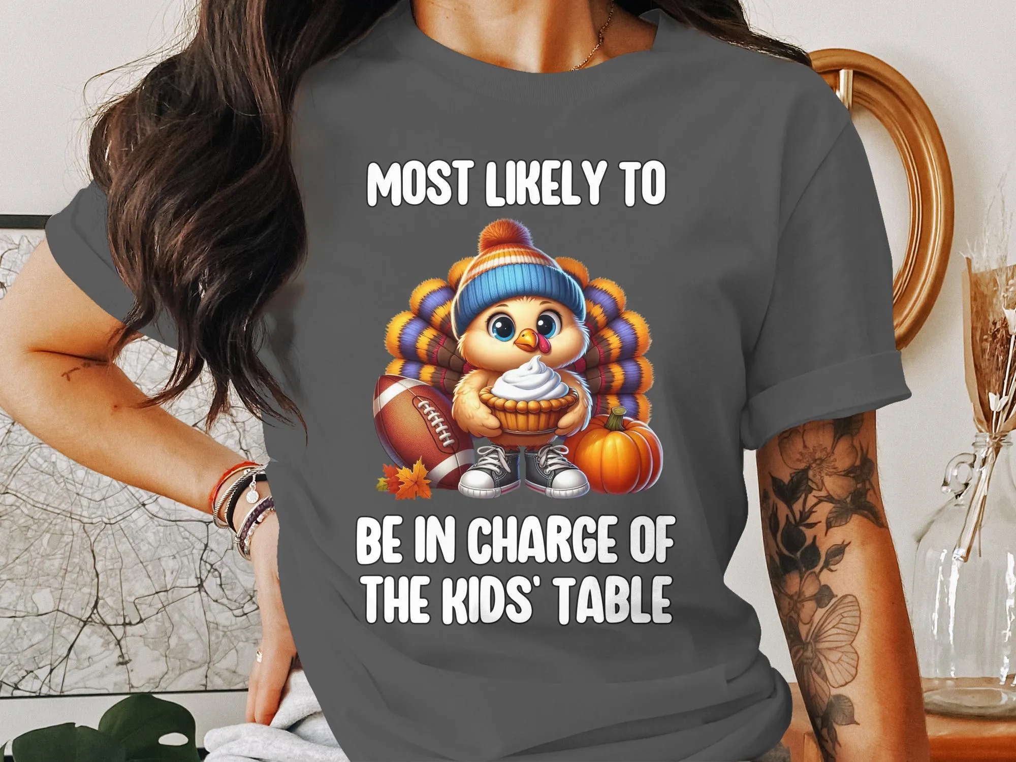 Most Likely to Be in Charge of The Kids' Table Thanksgiving Shirt, Funny Thanksgiving Family Matching Shirts, Turkey Football Pie Tee