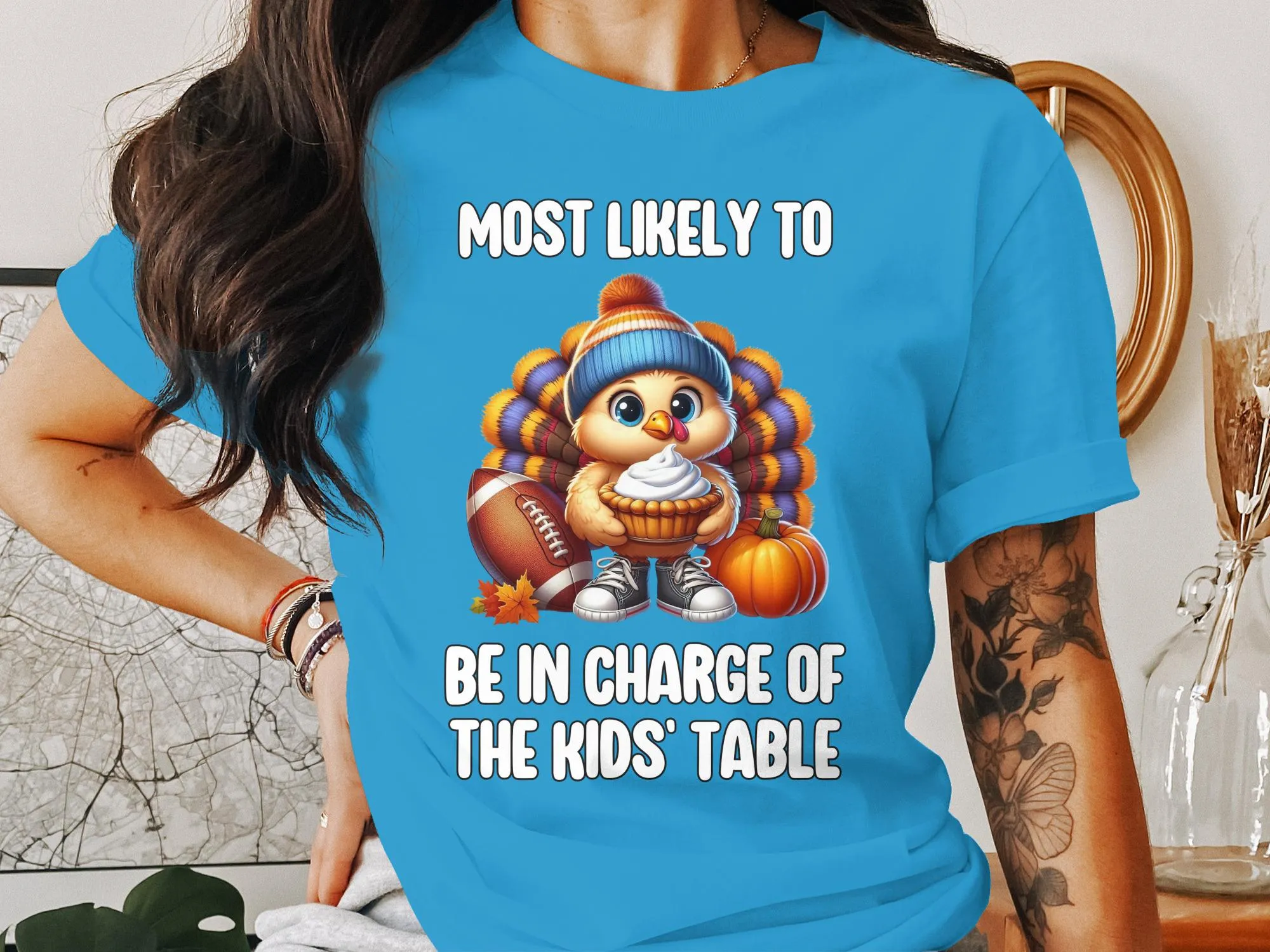 Most Likely to Be in Charge of The Kids' Table Thanksgiving Shirt, Funny Thanksgiving Family Matching Shirts, Turkey Football Pie Tee