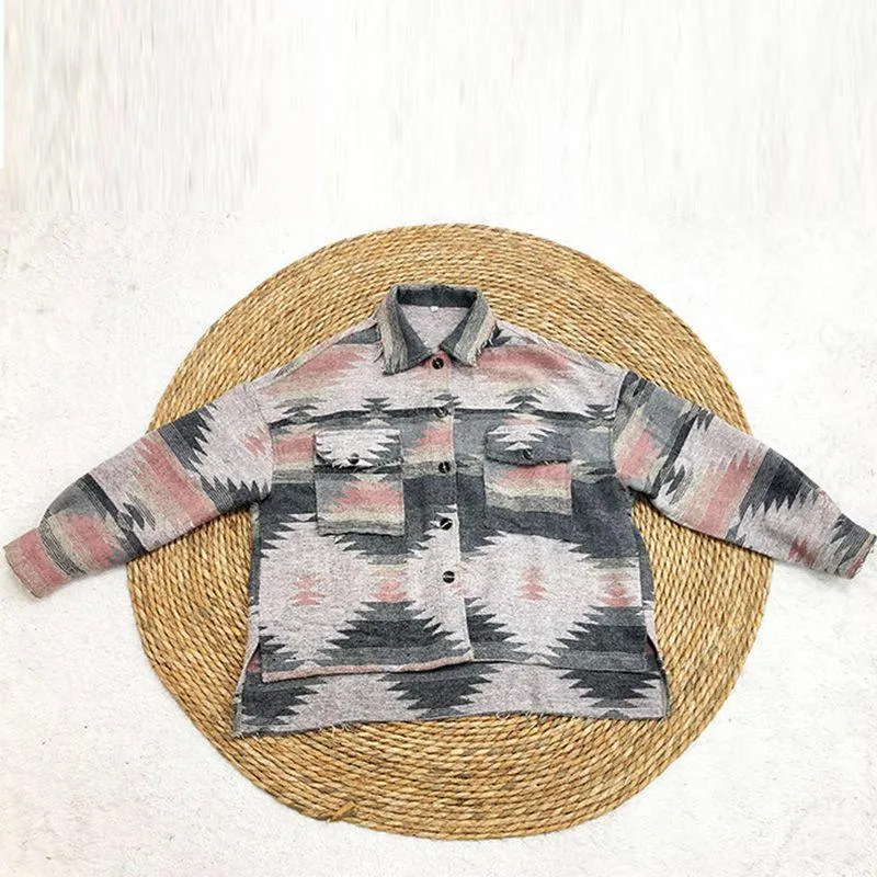 Native Tribal Western American Aztec Print Pattern Jacket Houndstooth Shacket