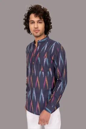 Navy Blue Ikat Short Kurta - 100% Cotton